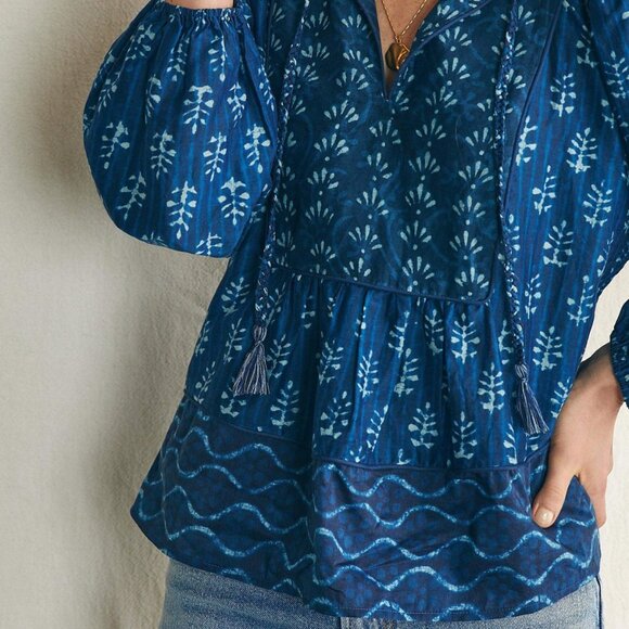 NWT Faherty Solstice Tie neck relaxed boho peasant top in sunburst mix print - Picture 2 of 11